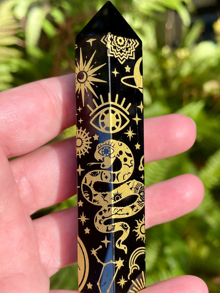 Sacred Symbols Black Obsidian Healing Wand - Yellow - Morganna’s Treasures 