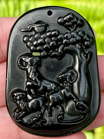 Carved Buddhist Black Obsidian Palm Stone/Pendant - Morganna’s Treasures 