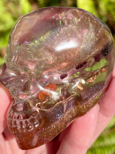 “Visionary” Large Garnet, Rose Quartz, Red Jasper, Clear Quartz & Copper Orgonite Skull