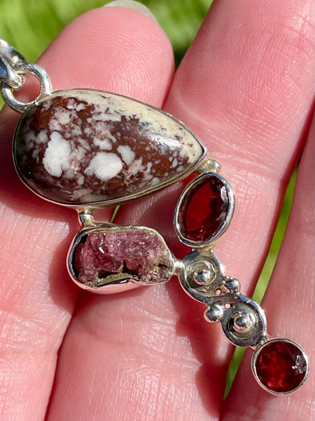 Wild Horse Jasper, Pink Tourmaline and Garnet Pendant - Morganna’s Treasures 