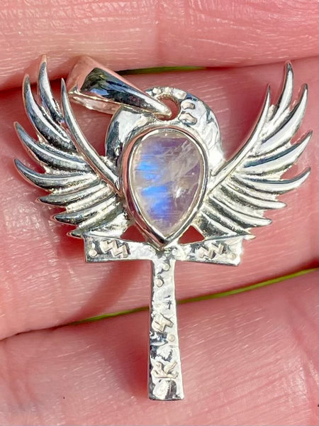 Rainbow Moonstone Angel Wings Cross Pendant