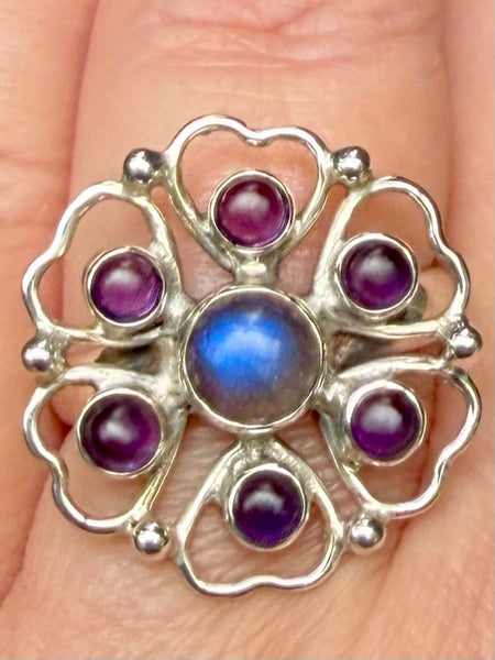 Labradorite and Amethyst Flower Ring Size 9