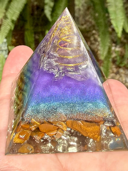 Tigers Eye, Clear Quartz & Copper Orgonite Pyramid