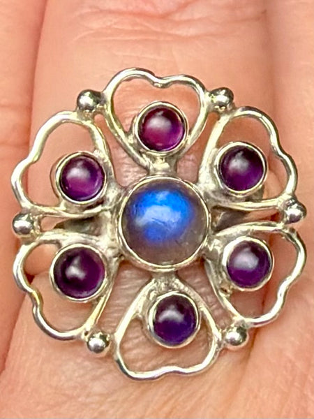 Labradorite and Amethyst Flower Ring Size 9