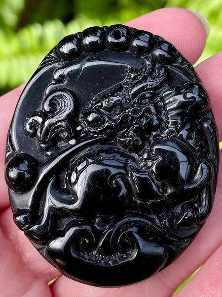 Carved Buddhist Black Obsidian Palm Stone/Pendant - Morganna’s Treasures 