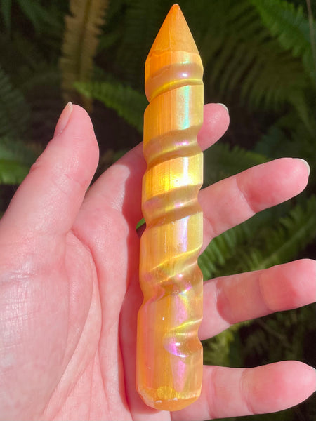 Orange Aura Selenite Spiral Wand - Morganna’s Treasures