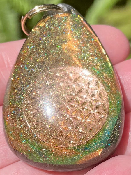 Orange Calcite, Citrine, Quartz & Aluminum Flower of Life Orgonite Pendant - Morganna’s Treasures