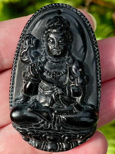 Carved Buddhist Black Obsidian Palm Stone/Pendant - Morganna’s Treasures 