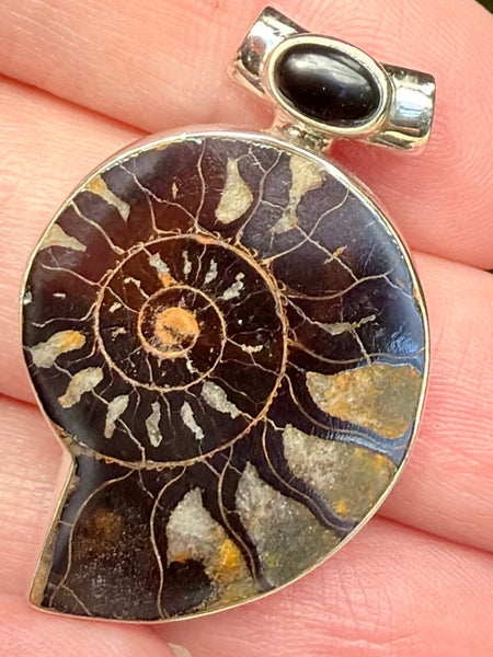 Rare Hematite in Ammonite and Black Onyx Pendant