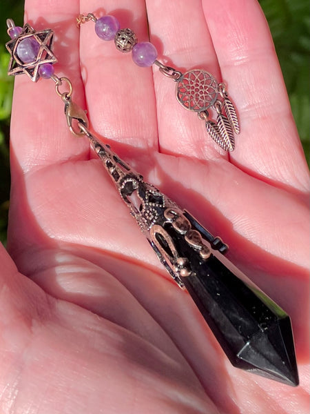 Black Obsidian and Purple Amethyst Dreamcatcher Pendulum