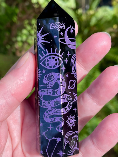 Sacred Symbols Black Obsidian Healing Wand - Purple - Morganna’s Treasures 