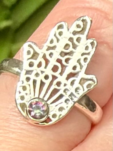 Mystic Fire Topaz Hamsa Hand Ring Size 6 - Morganna’s Treasures