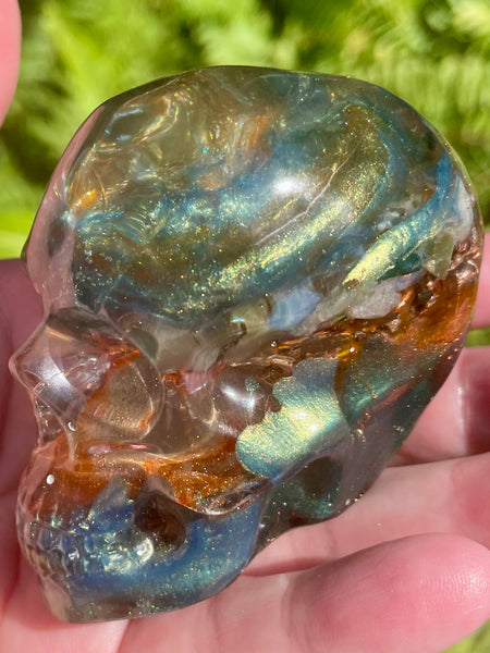 "Elemental" Large Labradorite, Green Aventurine, Blue Aventurine, Moss Agate, Fluorite, Opalite, Clear Quartz & Copper Orgonite Skull