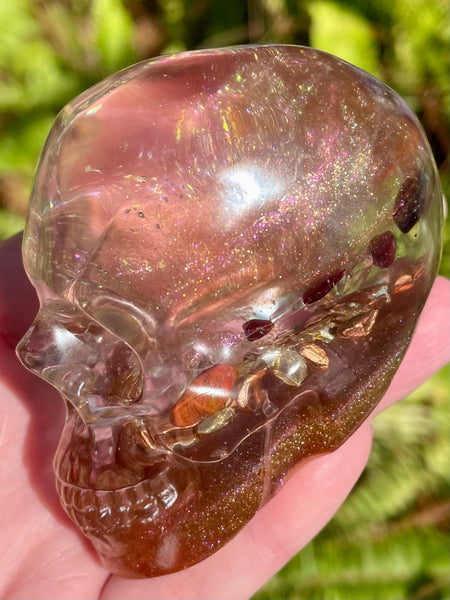 “Visionary” Large Garnet, Rose Quartz, Red Jasper, Clear Quartz & Copper Orgonite Skull