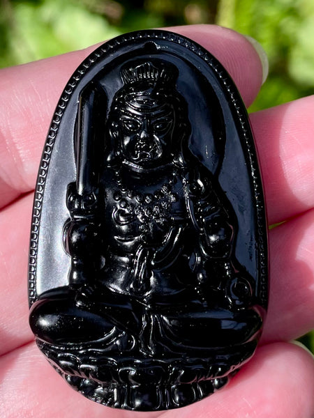 Carved Buddhist Black Obsidian Palm Stone/Pendant - Morganna’s Treasures 