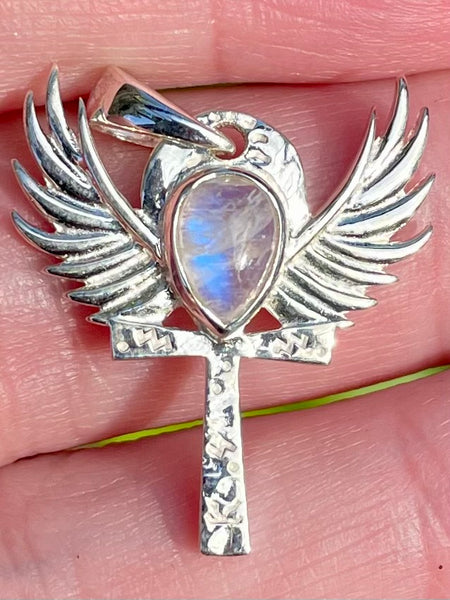 Rainbow Moonstone Angel Wings Cross Pendant