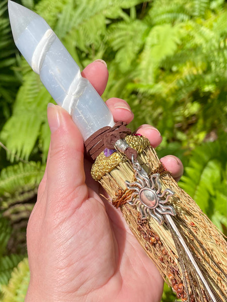 Selenite and Sorghum Altar Broom for Sweeping Away Negative Energy - Morganna’s Treasures