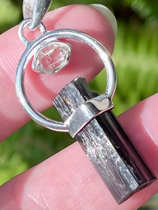 Rough Black Tourmaline and Herkimer Diamond Pendant - Morganna’s Treasures 