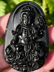 Carved Buddhist Black Obsidian Palm Stone/Pendant - Morganna’s Treasures 
