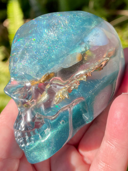 “Selkie” Lemurian Blue Calcite, Blue Kyanite, Turquoise, Opalite, Clear Quartz & Copper Orgonite Skull