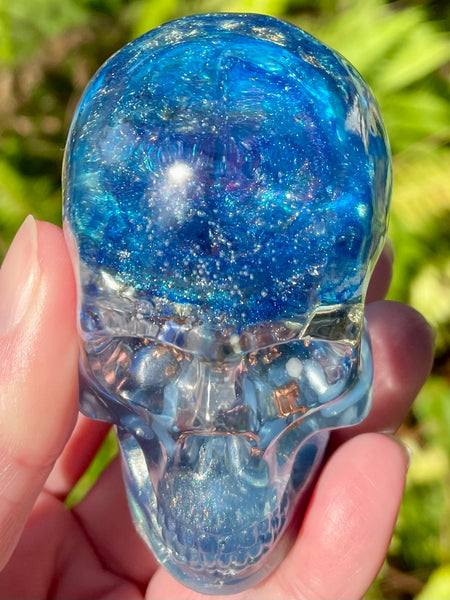 “Celestial” Sodalite, Pyrite, Kyanite, Opalite, Clear Quartz & Copper Orgonite Skull