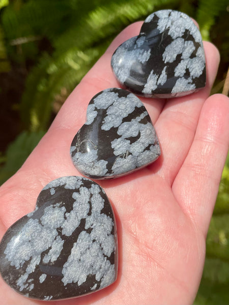 Medium Snowflake Obsidian Heart Palm Stones - Morganna’s Treasures