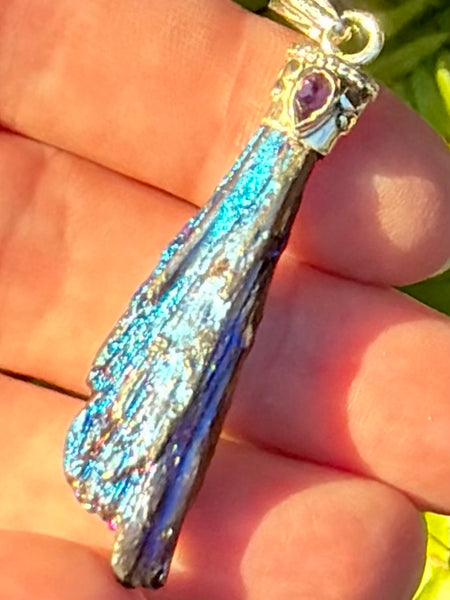 Rainbow Aura Kyanite and Amethyst Pendant - Morganna’s Treasures