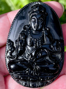 Carved Buddhist Black Obsidian Palm Stone/Pendant - Morganna’s Treasures 