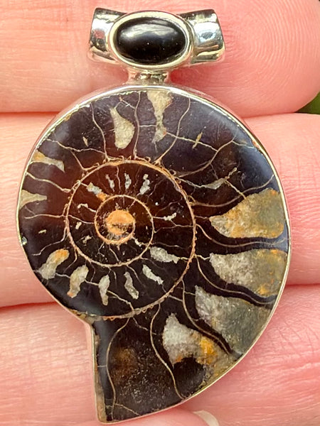 Rare Hematite in Ammonite and Black Onyx Pendant