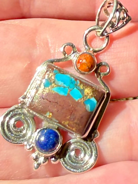 Basalt Turquoise, Red Jasper and Lapis Lazuli Pendant