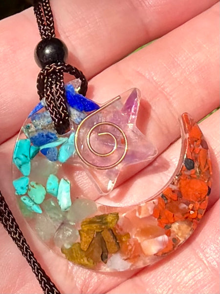 Chakra Moon and Stars Orgonite Necklace