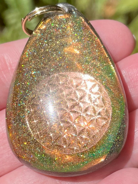Orange Calcite, Citrine, Quartz & Aluminum Flower of Life Orgonite Pendant - Morganna’s Treasures