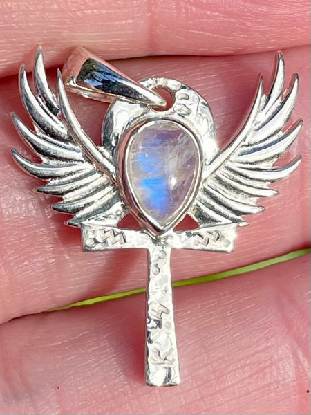 Rainbow Moonstone Angel Wings Cross Pendant