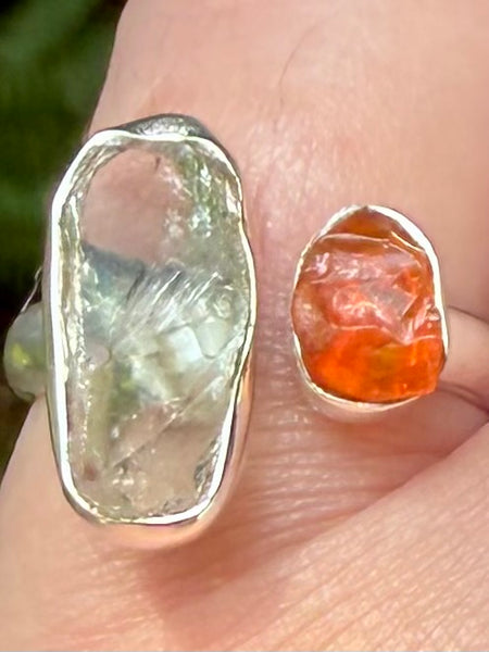 Rough Aquamarine and Mexican Fire Opal Ring Size 6.5