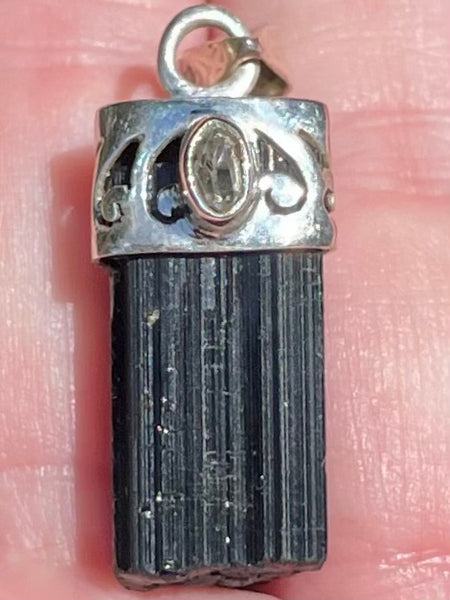 Rough Black Tourmaline and Herkimer Diamond Pendant - Morganna’s Treasures 