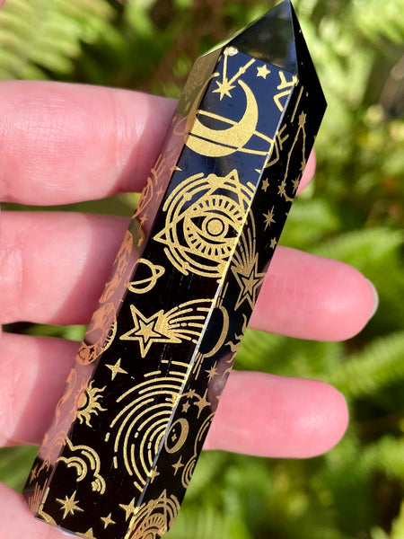 Sacred Symbols Black Obsidian Healing Wand - Yellow - Morganna’s Treasures 