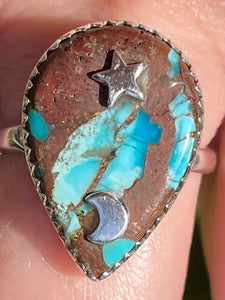Blue Basalt Turquoise  Moon & Star Ring Size 8.5 - Morganna’s Treasures 