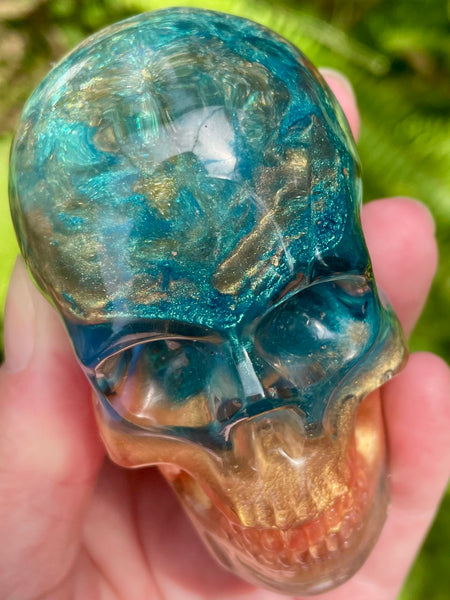 “Oracle” Blue Lace Agate, Pyrite, Kyanite, Amazonite, Opalite, Clear Quartz & Copper Orgonite Skull - Morganna’s Treasures 