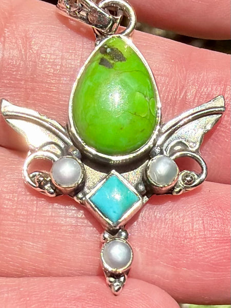 Blue and Green Mohave Turquoise with Pearl Angel Wings Pendant