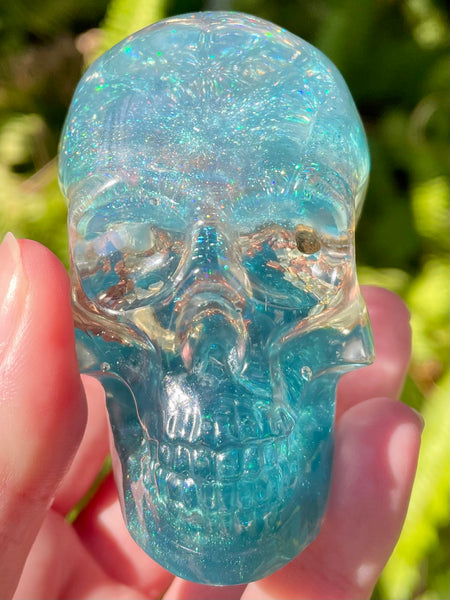 “Selkie” Lemurian Blue Calcite, Blue Kyanite, Turquoise, Opalite, Clear Quartz & Copper Orgonite Skull - Morganna’s Treasures