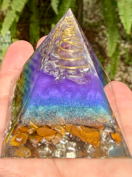 Tigers Eye, Clear Quartz & Copper Orgonite Pyramid