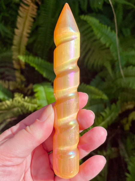 Orange Aura Selenite Spiral Wand - Morganna’s Treasures