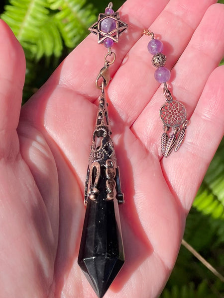 Black Obsidian and Purple Amethyst Dreamcatcher Pendulum