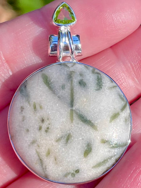 Green Tourmaline in Quartz and Peridot Pendant