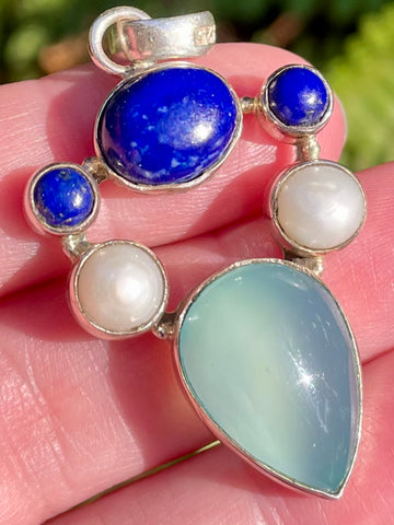 Blue Chalcedony, Lapis Lazuli and Pearl Pendant - Morganna’s Treasures 