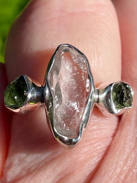Moldavite and Herkimer Diamond Ring Size 8 - Morganna’s Treasures 