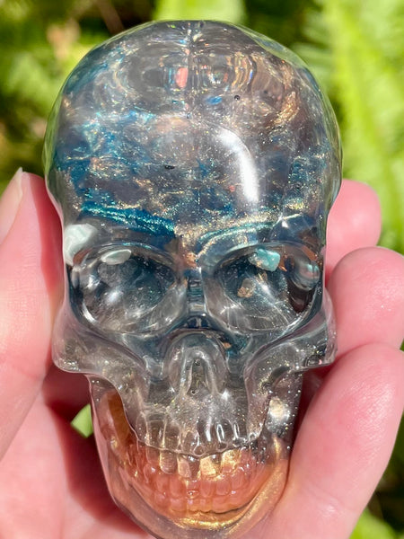 “Mermaid” Sunstone, Aquamarine, Turquoise, Amazonite, Opalite, Clear Quartz & Copper Orgonite Skull - Morganna’s Treasures 