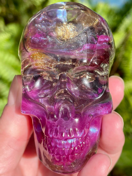 “Conjuror” Large Super Seven, Garnet, Pyrite, Sugilite, Clear Quartz & Copper Orgonite Skull - Morganna’s Treasures 