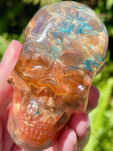 "Phoenix" Large Pyrite, Green Aventurine, Moss Agate, Moonstone, Orange Calcite, Clear Quartz & Copper Orgonite Skull