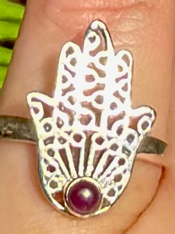 Purple Amethyst Hamsa Hand Ring Size 7.5 - Morganna’s Treasures